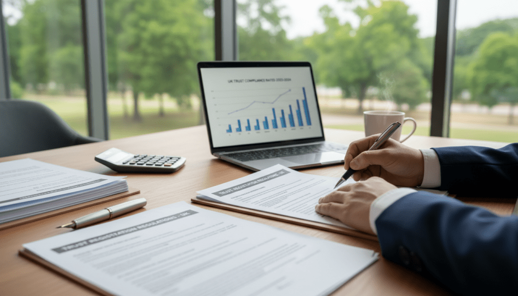 A serene office environment filled with natural light, showcasing a modern workspace. In the foreground, a professional-looking wooden desk with neatly arranged legal documents about trust registration regulations. A pair of hands in formal business attire are seen filling out forms with a pen. In the middle ground, a laptop displaying a graph related to trust compliance sits beside a calculator and a cup of coffee. The background features a large window with green trees outside, adding a sense of freshness and calm. The atmosphere conveys professionalism and focus, emphasizing the significance of trust compliance for UK trustees today. Soft diffused lighting enhances clarity and warmth, inviting a sense of diligence and responsibility. A serene office environment filled with natural light, showcasing a modern workspace. In the foreground, a professional-looking wooden desk with neatly arranged legal documents about trust registration regulations. A pair of hands in formal business attire are seen filling out forms with a pen. In the middle ground, a laptop displaying a graph related to trust compliance sits beside a calculator and a cup of coffee. The background features a large window with green trees outside, adding a sense of freshness and calm. The atmosphere conveys professionalism and focus, emphasizing the significance of trust compliance for UK trustees today. Soft diffused lighting enhances clarity and warmth, inviting a sense of diligence and responsibility.