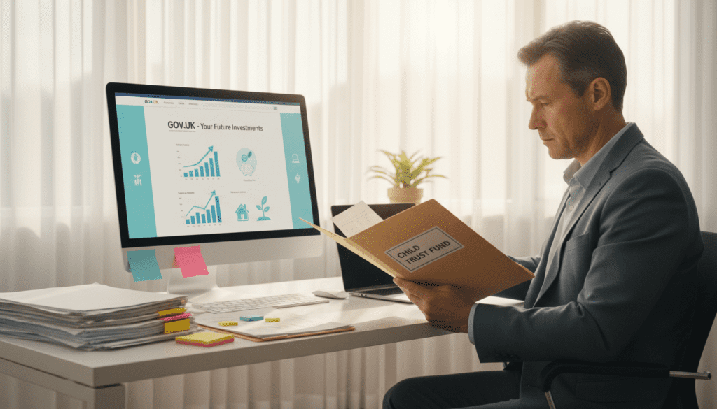 A serene office environment focused on a person checking documents. In the foreground, a middle-aged professional, dressed in smart business attire, sits at a modern desk cluttered with paperwork, an open laptop, and a few colorful sticky notes. The individual is intently reviewing a folder labeled "Child Trust Fund". The middle of the image features a softly lit computer screen displaying a government website with graphs and icons related to financial services. The background shows a bright window with light filtering through sheer curtains, giving a warm and inviting feel to the space. The scene is bathed in natural light, creating a sense of calmness and focus, suitable for research and important financial decisions. A serene office environment focused on a person checking documents. In the foreground, a middle-aged professional, dressed in smart business attire, sits at a modern desk cluttered with paperwork, an open laptop, and a few colorful sticky notes. The individual is intently reviewing a folder labeled "Child Trust Fund". The middle of the image features a softly lit computer screen displaying a government website with graphs and icons related to financial services. The background shows a bright window with light filtering through sheer curtains, giving a warm and inviting feel to the space. The scene is bathed in natural light, creating a sense of calmness and focus, suitable for research and important financial decisions.