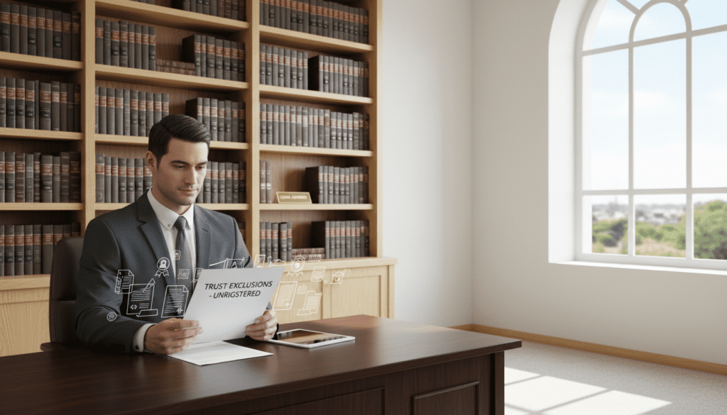 A serene office environment illustrating "trust exclusions." In the foreground, a professional businessperson in a tailored suit, working diligently at a sleek wooden desk, holding a document with subtle imagery of trust documents on top. In the middle ground, a neatly arranged bookshelf holds legal texts and references related to trusts, symbolizing knowledge and guidance. The background features a large window with natural light flooding in, casting soft shadows, creating a calm and focused atmosphere. The image should convey a sense of professionalism, trust, and clarity without any distractions, emphasizing the concept of trusts that do not require registration. The overall mood should be informative and reassuring, encouraging the viewer's understanding of the topic.
