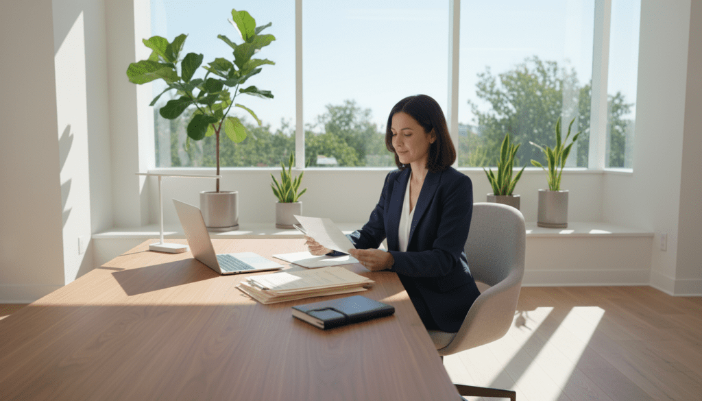 A serene office environment showcasing a modern wooden desk in the foreground, neatly organized with a laptop and a few financial documents stacked to one side. In the middle ground, a professional-looking woman in business attire reviews papers while sitting on a stylish chair, her expression focused yet calm, conveying trust and assurance. Behind her, large windows allow natural light to flood the room, creating a warm and inviting atmosphere with soft shadows. Subtle hints of greenery from potted plants in the background add a touch of tranquility. The scene should have a well-balanced composition, emphasizing clarity and professionalism while illustrating the theme of trusts that do not require registration. No text or other distractions are present in the image. A serene office environment showcasing a modern wooden desk in the foreground, neatly organized with a laptop and a few financial documents stacked to one side. In the middle ground, a professional-looking woman in business attire reviews papers while sitting on a stylish chair, her expression focused yet calm, conveying trust and assurance. Behind her, large windows allow natural light to flood the room, creating a warm and inviting atmosphere with soft shadows. Subtle hints of greenery from potted plants in the background add a touch of tranquility. The scene should have a well-balanced composition, emphasizing clarity and professionalism while illustrating the theme of trusts that do not require registration. No text or other distractions are present in the image.