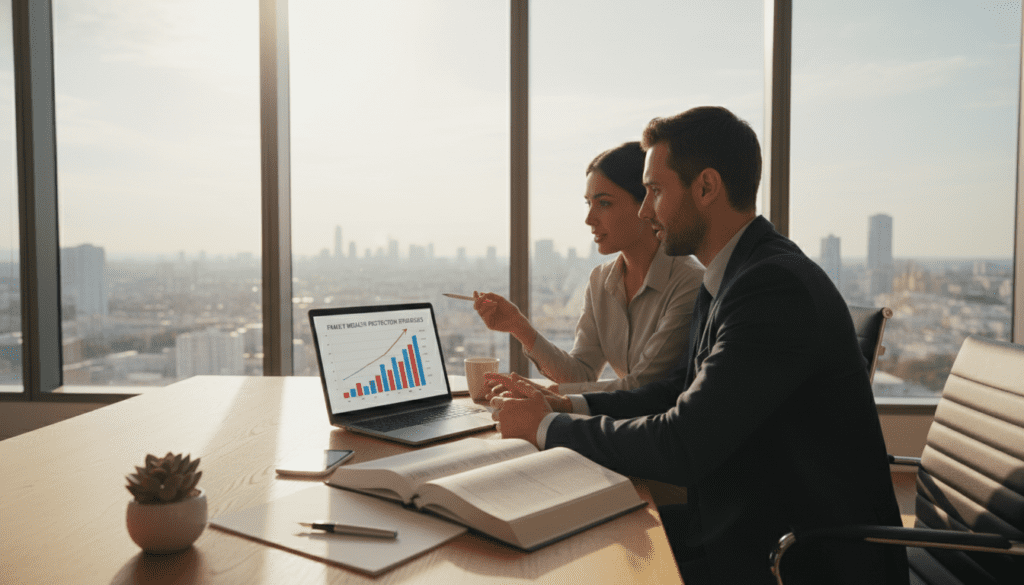 A serene office environment showcasing a polished wooden desk in the foreground, adorned with an open financial book and a stylish pen resting on a notepad. On the desk, a small, elegant decorative plant symbolizes growth and stability. In the middle, a well-dressed professional couple, both in business attire, are engaged in discussion, pointing towards a financial chart displayed on a sleek laptop screen, emphasizing collaboration on family wealth protection strategies. The background features a large window letting in warm, natural light that casts gentle shadows, with cityscape views reflecting prosperity. The mood is focused and optimistic, highlighting trust and security in financial planning.