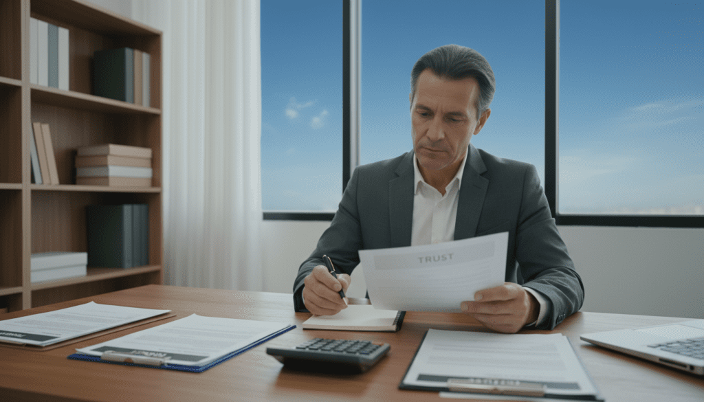 A serene office environment showcasing a professional workspace. In the foreground, a neatly organized desk displays various documents related to trusts, including a clipboard and a calculator. In the middle, a well-dressed individual, a middle-aged person in business attire, is examining trust-related papers thoughtfully with a pen poised over a notepad. Behind them, a large window reveals a clear blue sky, with soft natural light streaming into the room, illuminating the scattered papers and creating a calm atmosphere. The scene is framed by a minimalist bookshelf filled with legal texts and tax guidelines to enhance the context of trust management and compliance. The overall mood is one of focus and professionalism, encouraging diligence in financial matters. A serene office environment showcasing a professional workspace. In the foreground, a neatly organized desk displays various documents related to trusts, including a clipboard and a calculator. In the middle, a well-dressed individual, a middle-aged person in business attire, is examining trust-related papers thoughtfully with a pen poised over a notepad. Behind them, a large window reveals a clear blue sky, with soft natural light streaming into the room, illuminating the scattered papers and creating a calm atmosphere. The scene is framed by a minimalist bookshelf filled with legal texts and tax guidelines to enhance the context of trust management and compliance. The overall mood is one of focus and professionalism, encouraging diligence in financial matters.