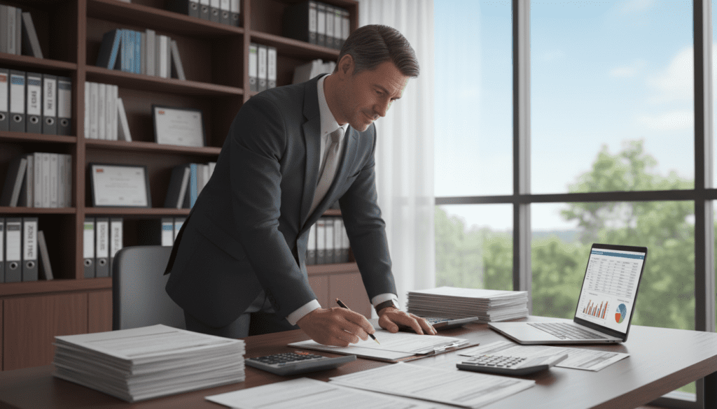 A serene office environment with a modern desk cluttered with tax documents, calculators, and a laptop displaying charts related to trust tax reporting. In the foreground, a well-dressed individual, a middle-aged man in a suit, examines a tax return form with a focused expression, symbolizing trust and responsibility. The middle ground shows a large window allowing soft, natural light to illuminate the scene, enhancing the feeling of professionalism. In the background, shelves filled with neatly arranged financial books and binders convey order and diligence. The overall atmosphere is calm and organized, evoking a sense of trustworthiness and responsibility in handling HMRC tax obligations. The imagery should be clear and detailed, with a slight depth of field focusing on the individual and the documents.