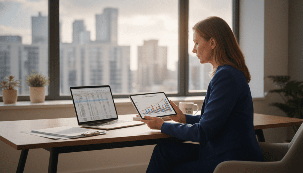 A serene office scene depicting a professional trustee at a sleek wooden desk, intently reviewing financial reports and tax documents. In the foreground, the trustee, a middle-aged woman in a tailored navy suit, examines a colorful graph on a digital tablet that displays trust income and tax obligations. The middle layer features an open laptop with spreadsheets, alongside a neatly organized stack of paperwork and a coffee mug. In the background, a large window lets in warm, natural light illuminating the space, with cityscape views hinting at a busy urban environment. The atmosphere conveys diligence and responsibility, showcasing the importance of meeting HMRC reporting obligations. The image should have a soft focus effect for a polished, professional look.