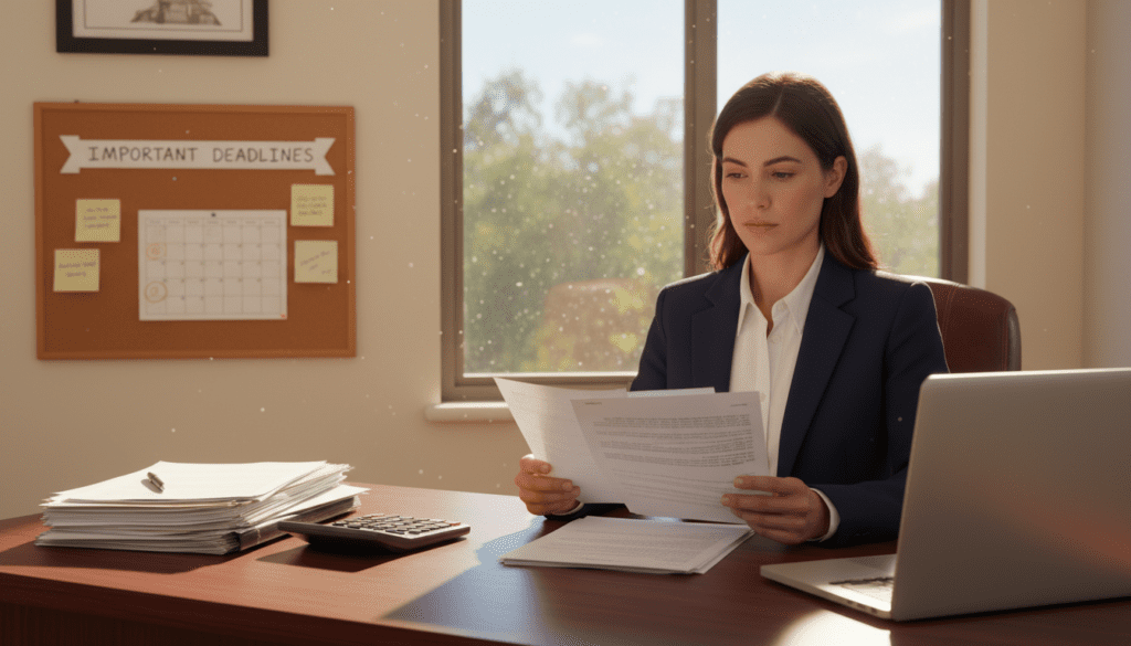 A serene office setting depicting a professional financial advisor seated at a polished wooden desk, reviewing trust documents with a focused expression. In the foreground, neatly stacked papers, a calculator, and a closed laptop symbolize meticulous preparation for closing a trust. In the middle ground, a wall-mounted bulletin board showcases important deadlines and a calendar marked with key dates, reinforcing the theme of organization. The background features a large window with natural light streaming in, illuminating the space and creating a calm atmosphere. The scene conveys trust and professionalism, with a soft, warm color palette to evoke a sense of readiness and confidence. The camera angle is slightly elevated, giving depth to the arrangement without overcrowding the image.