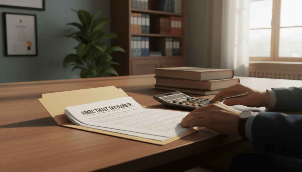 A serene office setting featuring a wooden desk with an open file containing official documents labeled "HMRC Trust Tax Number" and a neatly arranged calculator. In the foreground, a pair of professional hands in subtle business attire are reviewing the documents, reflecting concentration and diligence. In the middle ground, a well-organized workspace with a potted plant and a framed certificate on the wall, enhancing the mood of professionalism and trust. Soft, warm lighting filters through a nearby window, casting gentle shadows that add a sense of warmth and calm. In the background, shelves filled with neatly arranged folders and books convey an atmosphere of order and reliability. The overall feel of the image is one of professionalism and efficiency, emphasizing the importance of trust in financial matters. A serene office setting featuring a wooden desk with an open file containing official documents labeled "HMRC Trust Tax Number" and a neatly arranged calculator. In the foreground, a pair of professional hands in subtle business attire are reviewing the documents, reflecting concentration and diligence. In the middle ground, a well-organized workspace with a potted plant and a framed certificate on the wall, enhancing the mood of professionalism and trust. Soft, warm lighting filters through a nearby window, casting gentle shadows that add a sense of warmth and calm. In the background, shelves filled with neatly arranged folders and books convey an atmosphere of order and reliability. The overall feel of the image is one of professionalism and efficiency, emphasizing the importance of trust in financial matters.