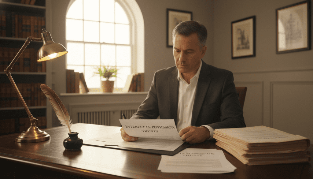 A serene office setting focused on an elegant desk with legal documents, a quill, and an inkpot symbolizing trust and guidance. In the foreground, a professional, middle-aged lawyer in a tailored suit is reviewing the documents with a thoughtful expression, surrounded by a soft glow from a vintage desk lamp. In the middle, a large window filters warm sunlight, illuminating shelves filled with law books, while a potted plant adds a touch of nature. The background features neutral tones and refined decor, creating a calm atmosphere that conveys professionalism and trust. Capture the scene with a slight depth of field, emphasizing the lawyer and documents while softly blurring the background, enhancing the focus on "interest in possession" trusts.