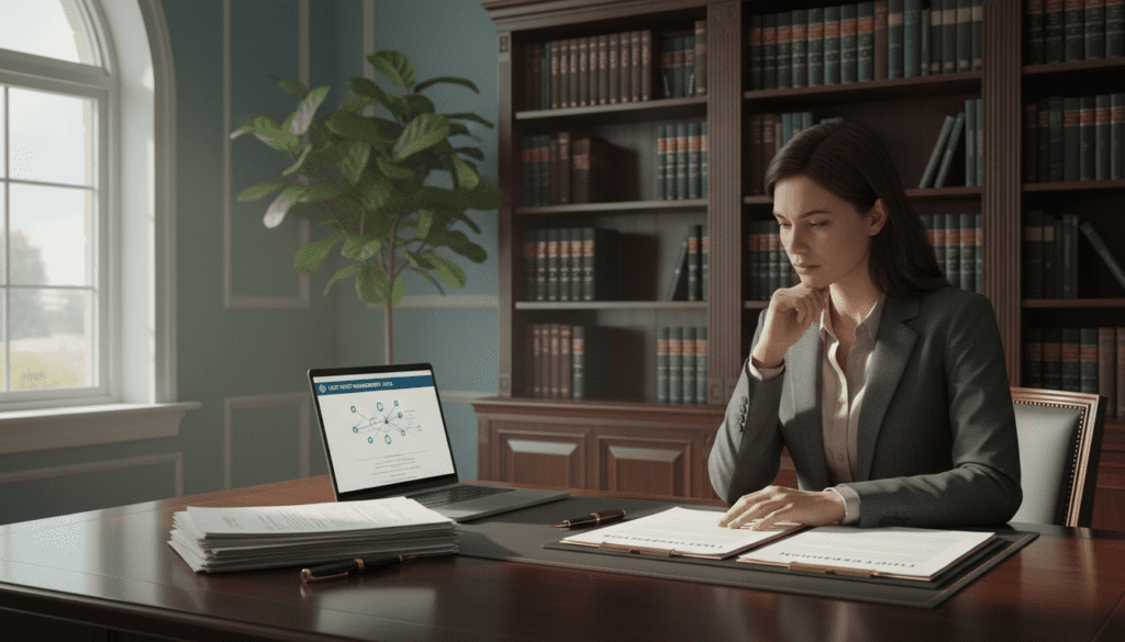 A serene office setting focused on the concept of express trusts. In the foreground, a polished wooden desk displays a neatly organized stack of legal documents labeled "Trust Registration" and a classic fountain pen. A professional-looking individual in business attire examines the documents, deep in thought. The middle layer features a softly glowing laptop showing a trust management software interface. In the background, an elegant bookshelf filled with law books and a potted plant adds warmth and sophistication to the environment. Natural light filters through a large window, casting gentle shadows, creating a calm, focused atmosphere indicative of planning and legal responsibility. The overall mood is professional and contemplative, reflecting the significance of trust registration.