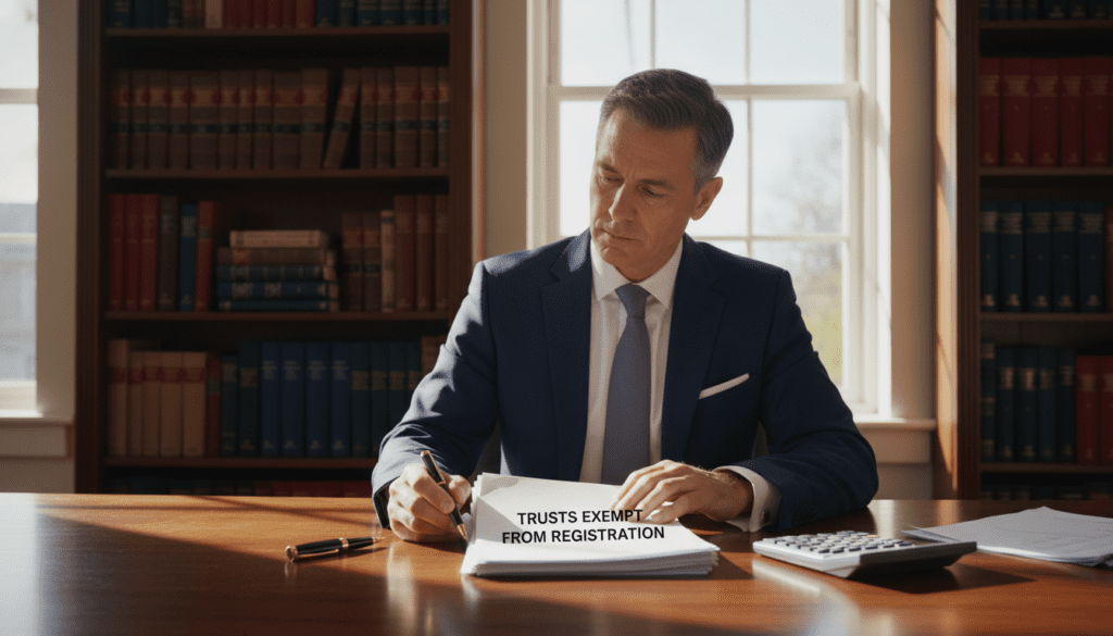 A serene office setting illuminated by soft natural light streaming through large windows, casting gentle shadows on a polished wooden desk. In the foreground, a stack of documents labeled "Trusts Exempt from Registration" lies beside a classic fountain pen and a calculator, suggesting careful examination. The middle ground features a well-dressed professional, a middle-aged person in business attire, analyzing the documents with a thoughtful expression. In the background, a bookshelf filled with legal texts and financial guides conveys a sense of authority and expertise. The overall atmosphere is calm and focused, emphasizing professionalism and clarity in financial matters. The scene should have a warm, inviting color palette, enhancing the feeling of trust and security. A serene office setting illuminated by soft natural light streaming through large windows, casting gentle shadows on a polished wooden desk. In the foreground, a stack of documents labeled "Trusts Exempt from Registration" lies beside a classic fountain pen and a calculator, suggesting careful examination. The middle ground features a well-dressed professional, a middle-aged person in business attire, analyzing the documents with a thoughtful expression. In the background, a bookshelf filled with legal texts and financial guides conveys a sense of authority and expertise. The overall atmosphere is calm and focused, emphasizing professionalism and clarity in financial matters. The scene should have a warm, inviting color palette, enhancing the feeling of trust and security.