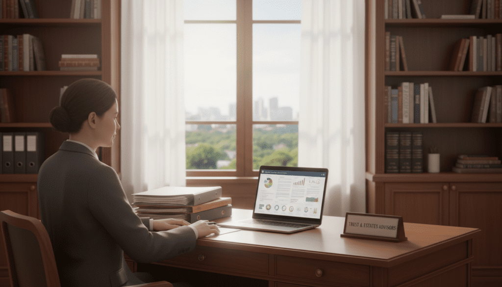 A serene office setting that represents the concept of trust closure service. In the foreground, a professional individual, wearing business attire, is seated at a desk with organized folders and a laptop open, displaying graphs and documents related to trust management. The middle ground features a large window with soft daylight filtering through sheer curtains, illuminating the space. In the background, shelves lined with books on finance and taxation emphasize the professionalism of the environment. The overall atmosphere is calm and focused, evoking a sense of resolution and clarity. The lighting is warm with a slight overexposure on the window, creating a sense of openness, symbolizing the closure process.