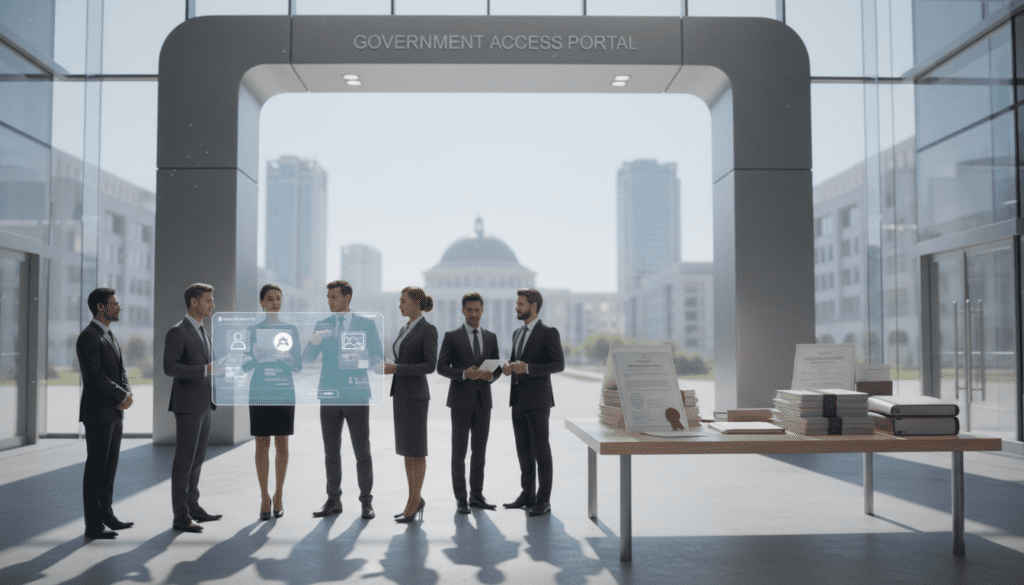 A sleek, modern government gateway building with a prominent entrance, symbolizing access to official services. In the foreground, a diverse group of professionals in business attire are engaging with a digital interface, reflecting the theme of registration and management. The middle ground features an array of official documents neatly arranged, symbolizing trust registration processes. In the background, soft-focus cityscape hinting at a formal governmental environment, with pleasant natural lighting illuminating the scene to evoke a sense of legitimacy and clarity. The atmosphere is one of professionalism and trust, with a calm, organized composition, shot from a slightly low angle to emphasize the gateway's significance. A sleek, modern government gateway building with a prominent entrance, symbolizing access to official services. In the foreground, a diverse group of professionals in business attire are engaging with a digital interface, reflecting the theme of registration and management. The middle ground features an array of official documents neatly arranged, symbolizing trust registration processes. In the background, soft-focus cityscape hinting at a formal governmental environment, with pleasant natural lighting illuminating the scene to evoke a sense of legitimacy and clarity. The atmosphere is one of professionalism and trust, with a calm, organized composition, shot from a slightly low angle to emphasize the gateway's significance.