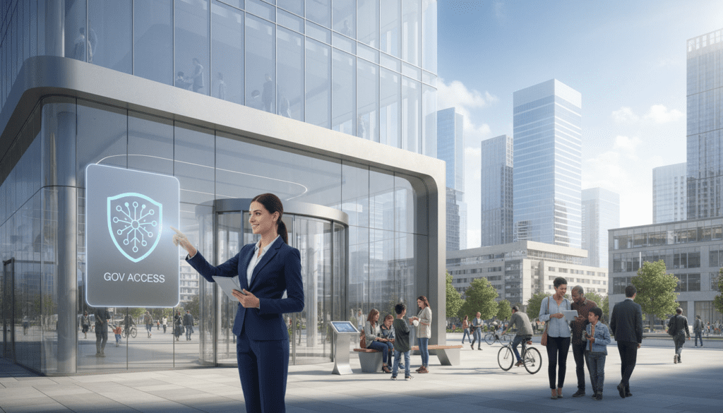 A sleek modern government gateway set in an urban environment, featuring an inviting entrance with glass doors and a digital interface displaying a stylized government logo. In the foreground, a professional individual in business attire is interacting with the digital interface, showing a sense of ease and efficiency. The middle ground showcases people engaged in various activities around the gateway, accessing services on tablets or smartphones, symbolizing online engagement. In the background, contemporary buildings arise under a clear blue sky, highlighting a bustling but organized atmosphere. The lighting is bright and natural, suggesting midday, casting soft shadows to enhance depth. The overall mood is positive and encouraging, promoting a sense of accessibility and modernity in government services.