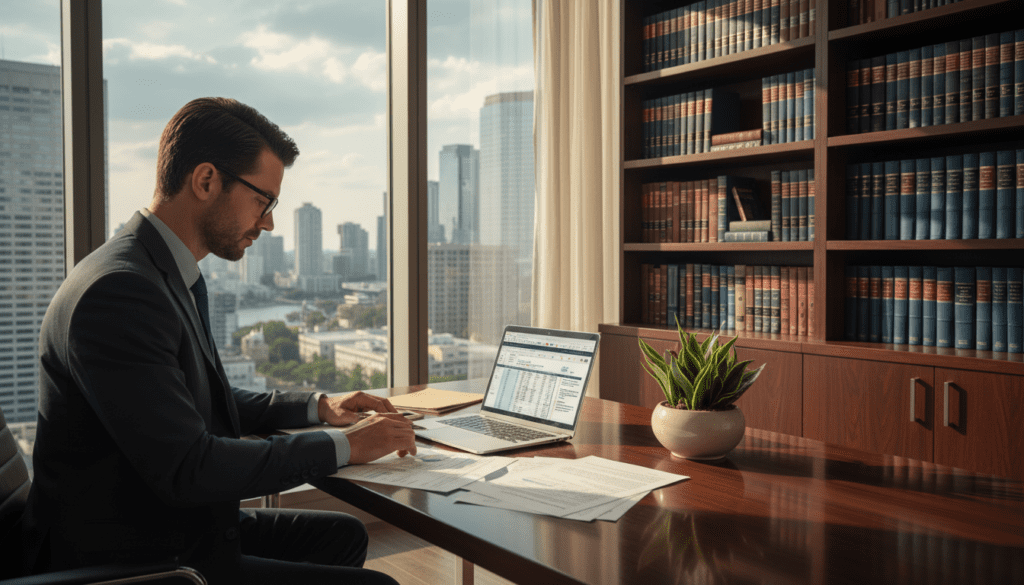A sleek, modern office environment showcasing a professional setting related to trust estate management. In the foreground, a well-dressed financial consultant sits at a polished wooden desk, analyzing documents and tax forms. On the desk, a laptop displays financial spreadsheets, and a small potted plant adds a touch of greenery. In the middle, a large window lets in warm, natural light, casting soft shadows and illuminating a bookshelf filled with law and finance books. The background shows a city skyline through the glass, presenting a professional atmosphere. The overall mood is focused and diligent, suggesting the importance of accuracy and trustworthiness in managing estates and taxes. A sleek, modern office environment showcasing a professional setting related to trust estate management. In the foreground, a well-dressed financial consultant sits at a polished wooden desk, analyzing documents and tax forms. On the desk, a laptop displays financial spreadsheets, and a small potted plant adds a touch of greenery. In the middle, a large window lets in warm, natural light, casting soft shadows and illuminating a bookshelf filled with law and finance books. The background shows a city skyline through the glass, presenting a professional atmosphere. The overall mood is focused and diligent, suggesting the importance of accuracy and trustworthiness in managing estates and taxes.