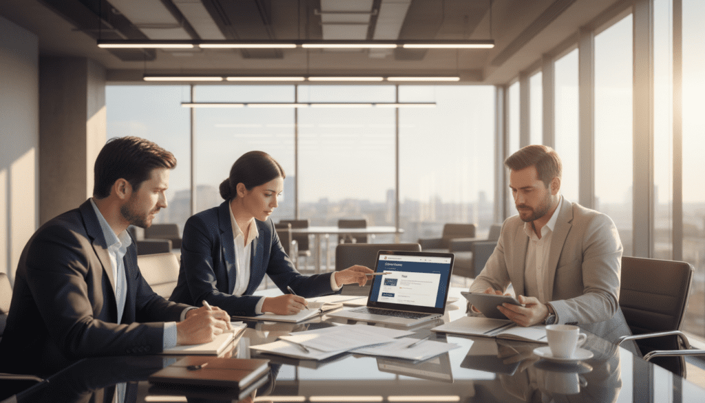 A sleek, modern office space serves as the background, with large windows letting in natural light, creating an inviting atmosphere. In the foreground, a diverse group of three professionals—two men and one woman—are gathered around a conference table, intently discussing documents related to trust registration. The woman, dressed in a smart blazer, points to a laptop displaying the Government Gateway homepage. The men, one in a tailored suit and the other in business casual attire, appear engaged, taking notes. Soft shadows cast by overhead lights add depth to the scene. The overall mood is focused and professional, emphasizing collaboration and clarity in navigating the trust registration process. A sleek, modern office space serves as the background, with large windows letting in natural light, creating an inviting atmosphere. In the foreground, a diverse group of three professionals—two men and one woman—are gathered around a conference table, intently discussing documents related to trust registration. The woman, dressed in a smart blazer, points to a laptop displaying the Government Gateway homepage. The men, one in a tailored suit and the other in business casual attire, appear engaged, taking notes. Soft shadows cast by overhead lights add depth to the scene. The overall mood is focused and professional, emphasizing collaboration and clarity in navigating the trust registration process.