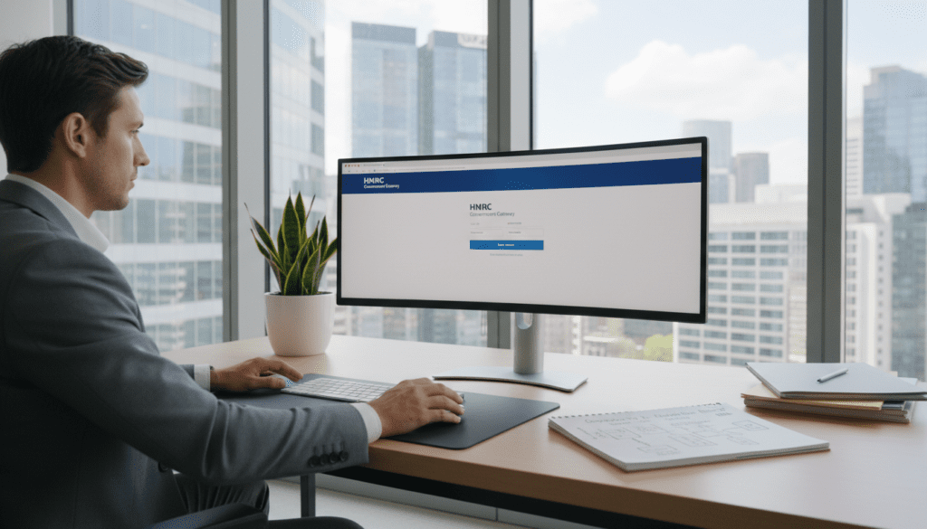 A sleek, modern office workspace featuring a desktop computer displaying the HMRC Government Gateway portal on the screen. In the foreground, a focused professional in business attire is engaged in online navigation, with one hand on the mouse and the other resting on the keyboard. The middle ground includes a potted plant and a notepad filled with notes about tax registration, symbolizing organization and diligence. The background shows large windows with daylight streaming in, creating an uplifting atmosphere. The lighting is bright and inviting, emphasizing a sense of productivity and clarity. The image is captured from a slightly elevated angle to give a comprehensive view of the workspace, highlighting the interaction with the digital interface while maintaining a professional and clean aesthetic.