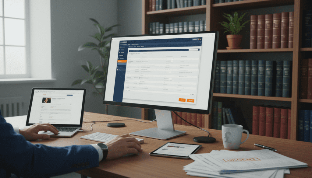 A sleek workspace showcasing the SA900 software interface on a modern computer screen, displaying a detailed form layout. In the foreground, a pair of hands in smart business attire interact with the software, illustrating a sense of productivity. The middle ground features a well-organized desk with digital devices and paperwork, highlighting the contrast between online software and traditional paper returns. In the background, soft lighting illuminates a tidy office environment, with a bookshelf filled with tax reference materials and a potted plant adding a touch of warmth. The atmosphere is professional and focused, reflecting the importance of efficient tax submission processes. The angle is a slightly elevated perspective, emphasizing both the software and the act of submission.