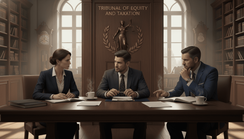 A solemn tribunal setting with a large wooden table at the foreground, where three professional business people dressed in formal attire are engaged in an intense discussion. The middle ground features a large backdrop displaying a striking emblem of justice, symbolizing the legal nature of the scene. Soft, natural lighting filters in from tall windows in the background, casting gentle shadows that enhance the serious atmosphere. The room is adorned with bookshelves filled with legal texts and a vintage clock, suggesting a sense of history and gravitas. The overall mood is tense yet focused, capturing the essence of a critical moment in a legal setting related to estate planning and taxation issues. A solemn tribunal setting with a large wooden table at the foreground, where three professional business people dressed in formal attire are engaged in an intense discussion. The middle ground features a large backdrop displaying a striking emblem of justice, symbolizing the legal nature of the scene. Soft, natural lighting filters in from tall windows in the background, casting gentle shadows that enhance the serious atmosphere. The room is adorned with bookshelves filled with legal texts and a vintage clock, suggesting a sense of history and gravitas. The overall mood is tense yet focused, capturing the essence of a critical moment in a legal setting related to estate planning and taxation issues.
