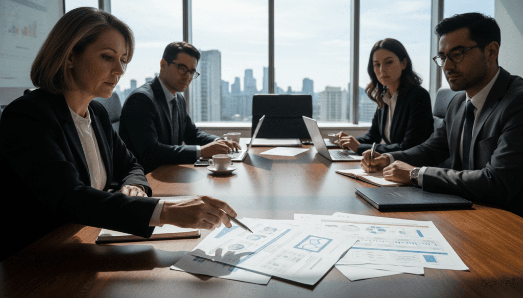 A sophisticated boardroom scene featuring a diverse group of professional individuals engaged in a serious discussion about HMRC Trust and Estates case studies. In the foreground, a middle-aged woman in business attire points at a detailed document spread across a sleek conference table, with charts and case summaries visible. The middle ground shows attentive colleagues, two men and a woman, listening intently, taking notes, and analyzing their laptops. The background reveals a modern office with large windows allowing soft, natural light to fill the room, casting gentle shadows. The atmosphere is focused and collaborative, reflecting the importance of navigating complex estate disputes with real-life examples and insights. The lens captures the scene from a slightly elevated angle, giving a comprehensive view of the engaged professionals at work. A sophisticated boardroom scene featuring a diverse group of professional individuals engaged in a serious discussion about HMRC Trust and Estates case studies. In the foreground, a middle-aged woman in business attire points at a detailed document spread across a sleek conference table, with charts and case summaries visible. The middle ground shows attentive colleagues, two men and a woman, listening intently, taking notes, and analyzing their laptops. The background reveals a modern office with large windows allowing soft, natural light to fill the room, casting gentle shadows. The atmosphere is focused and collaborative, reflecting the importance of navigating complex estate disputes with real-life examples and insights. The lens captures the scene from a slightly elevated angle, giving a comprehensive view of the engaged professionals at work.
