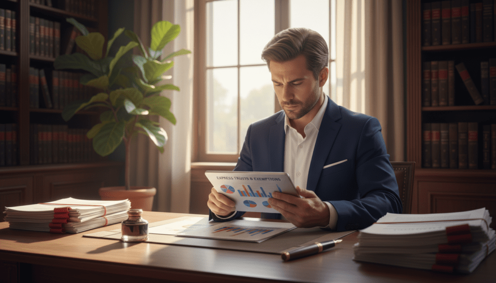 A sophisticated office setting featuring a detailed wooden desk with neatly stacked legal documents, a vintage pen, and an elegant inkwell in the foreground. The middle scene shows a focused professional, dressed in smart business attire, consulting a digital tablet with graphs and charts related to express trusts. Behind them, a large window allows natural light to flood the space, highlighting bookshelves filled with legal texts and a potted plant for a touch of greenery. The atmosphere conveys professionalism and clarity, emphasizing the importance of understanding excluded express trusts and exemptions. Soft focus on the background creates a serene ambiance, ideal for contemplative work. Use warm, natural lighting to enhance the tranquil yet diligent mood.