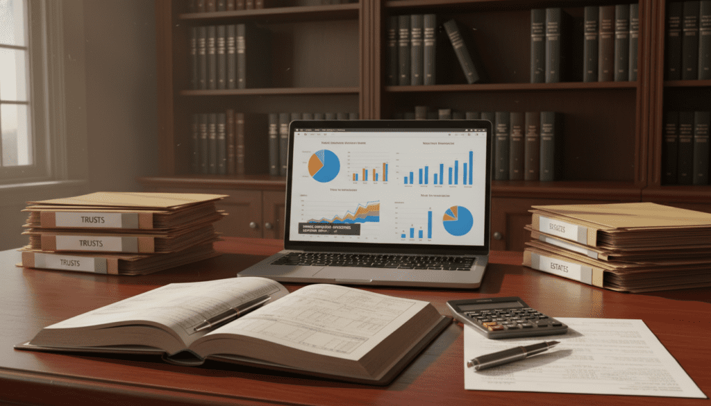 A thoughtfully arranged office desk scene focused on inheritance tax. In the foreground, a polished wooden desk showcases an open ledger filled with financial calculations, documents concerning property assessments, and a stylish pen poised next to a calculator. In the middle ground, a laptop displays graphs and charts related to tax statistics, surrounded by neatly stacked folders labeled "Trusts" and "Estates." The background features a softly lit bookshelf filled with legal books and tax guidelines. Natural light filtering through a large window adds warmth to the atmosphere, creating a mood of professionalism and responsibility. The overall composition should radiate a sense of order and expertise, suitable for a discussion on HMRC updates affecting estates and inheritance tax.