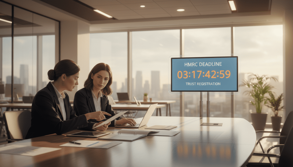 A visually compelling representation of "trust within days," showcasing a professional atmosphere focused on financial planning and trust registration. In the foreground, a diverse group of three professionals in business attire gather around a modern conference table, reviewing important documents. The middle ground features a large digital clock displaying a countdown, symbolizing urgency and timelines associated with HMRC deadlines. In the background, a sleek office space with large windows allows natural light to flood the room, creating an inviting and focused ambiance. Soft, warm lighting enhances the serious yet optimistic mood of the scene. The overall composition conveys clarity, collaboration, and the timeframe importance in successfully registering a discretionary trust.