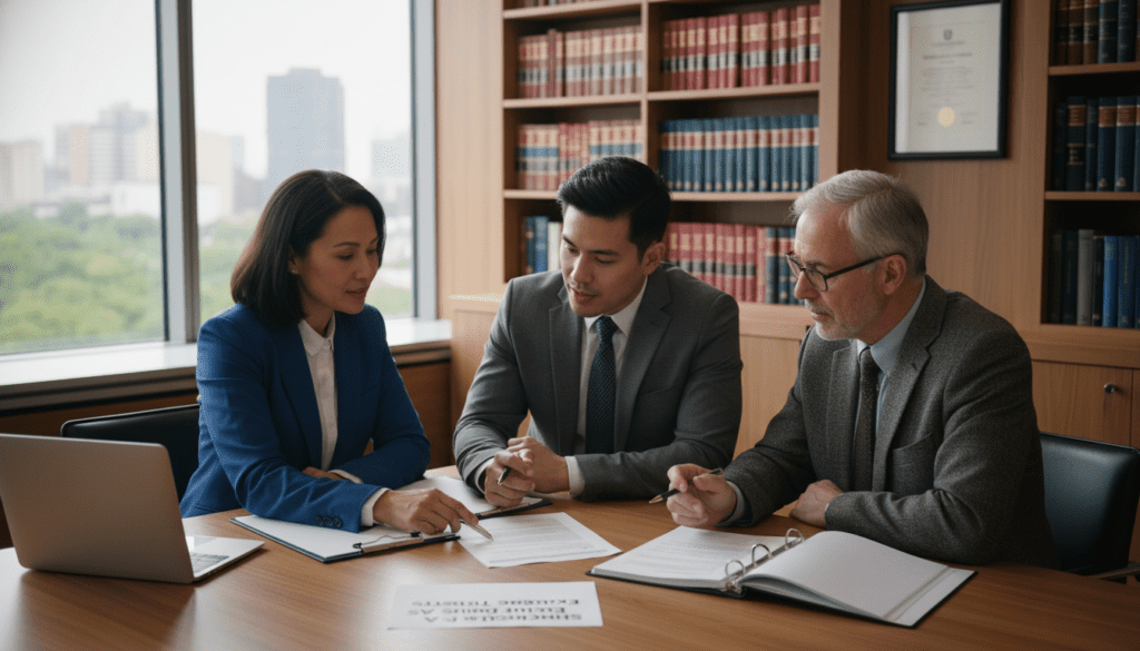 A visually engaging depiction of a professional consultation room, featuring a modern wooden desk with a sleek laptop and legal documents neatly arranged. In the foreground, a diverse group of three professionals—a middle-aged woman in a smart business suit, a young man in a tailored jacket, and an older man in glasses—are discussing trust registration, actively engaging and pointing at a document titled "Schedule 3A Excluded Trusts". The middle ground displays a large window with soft natural light streaming in, giving a warm and inviting atmosphere. The background includes shelves filled with law books and a certificate on the wall, creating a professional setting. The overall mood is focused and collaborative, emphasizing professionalism and trust. A visually engaging depiction of a professional consultation room, featuring a modern wooden desk with a sleek laptop and legal documents neatly arranged. In the foreground, a diverse group of three professionals—a middle-aged woman in a smart business suit, a young man in a tailored jacket, and an older man in glasses—are discussing trust registration, actively engaging and pointing at a document titled "Schedule 3A Excluded Trusts". The middle ground displays a large window with soft natural light streaming in, giving a warm and inviting atmosphere. The background includes shelves filled with law books and a certificate on the wall, creating a professional setting. The overall mood is focused and collaborative, emphasizing professionalism and trust.