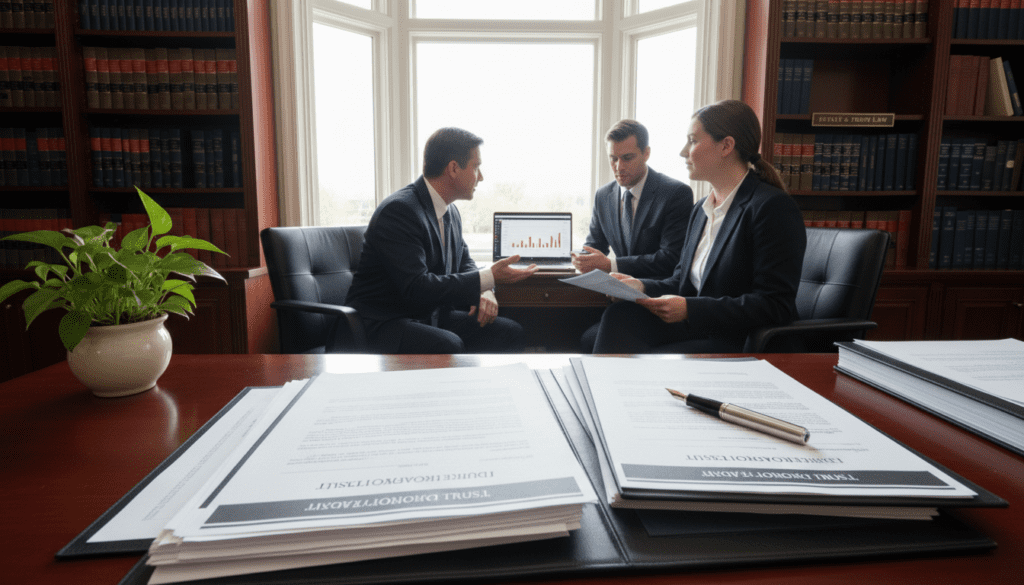 A visually engaging image of a professional office environment representing a discretionary trust. In the foreground, a polished wooden desk features a neatly arranged stack of financial documents, including trust agreements, alongside a classic fountain pen. A potted plant adds a touch of greenery. In the middle, a diverse group of three individuals in formal business attire—two adults discussing over a laptop, and a third person reviewing documents—conveys collaboration and professionalism. The background shows a large window with soft natural light pouring in, illuminating bookshelves filled with legal texts and financial reference books, creating an atmosphere of trust and knowledge. The overall mood is focused and serious, highlighting the importance of understanding discretionary trusts. The angle should showcase the scene from an inviting perspective, drawing viewers into the dynamic interaction.