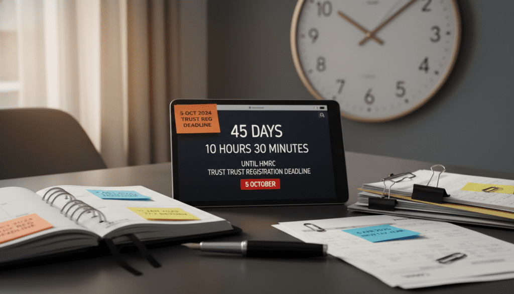 A visually engaging scene demonstrating the concept of "registration deadlines" for HMRC Trust Registration. In the foreground, a sleek, modern desk featuring an open planner filled with important dates marked with colorful sticky notes. A high-quality pen lies beside it, hinting at organization and urgency. In the middle, a digital device showcases a calendar app with a countdown timer, highlighting key deadlines, surrounded by documents in neat piles, symbolizing the administrative aspect of registration. The background features a large wall clock, its hands moving, emphasizing the passage of time. The lighting is warm and inviting, creating a focused yet professional atmosphere, suggesting a busy office environment. No text or human subjects are included, maintaining a clear focus on the theme. A visually engaging scene demonstrating the concept of "registration deadlines" for HMRC Trust Registration. In the foreground, a sleek, modern desk featuring an open planner filled with important dates marked with colorful sticky notes. A high-quality pen lies beside it, hinting at organization and urgency. In the middle, a digital device showcases a calendar app with a countdown timer, highlighting key deadlines, surrounded by documents in neat piles, symbolizing the administrative aspect of registration. The background features a large wall clock, its hands moving, emphasizing the passage of time. The lighting is warm and inviting, creating a focused yet professional atmosphere, suggesting a busy office environment. No text or human subjects are included, maintaining a clear focus on the theme.