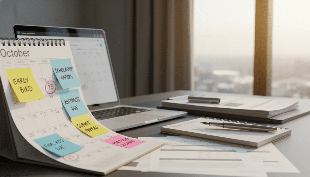 A visually striking depiction of registration deadlines, focusing on a calendar page partially turned to reveal important dates marked clearly. In the foreground, a sleek calendar with highlighted dates and colorful sticky notes, symbolizing key registration deadlines. The middle ground features a desk with organized documents and a laptop, implying a professional atmosphere, with a pen poised on a notepad. The background includes a softly blurred office setting, with a window letting in warm natural light, creating an inviting ambience. The lighting accentuates the colors of the notes and documents, conveying a sense of urgency and importance. The overall mood is focused and productive, enhancing the gravitas of meeting essential deadlines in a professional context. A visually striking depiction of registration deadlines, focusing on a calendar page partially turned to reveal important dates marked clearly. In the foreground, a sleek calendar with highlighted dates and colorful sticky notes, symbolizing key registration deadlines. The middle ground features a desk with organized documents and a laptop, implying a professional atmosphere, with a pen poised on a notepad. The background includes a softly blurred office setting, with a window letting in warm natural light, creating an inviting ambience. The lighting accentuates the colors of the notes and documents, conveying a sense of urgency and importance. The overall mood is focused and productive, enhancing the gravitas of meeting essential deadlines in a professional context.