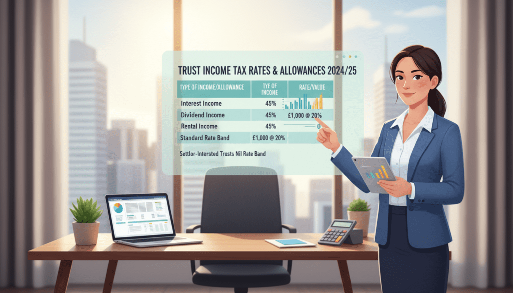 A visually striking illustration depicting trust income tax rates and allowances for the 2024/25 tax year. In the foreground, a professional in business attire stands confidently, analyzing documents with tax charts and graphs, highlighting trust income rates. In the middle layer, a large, well-organized table displays various tax rates and allowances, designed with clear, appealing graphics. The background features a modern office setting with a sleek desk, a laptop open with spreadsheets visible, and a large window allowing natural light to fill the room, creating a bright and productive atmosphere. The mood is professional yet approachable, emphasizing clarity and compliance in financial reporting. A visually striking illustration depicting trust income tax rates and allowances for the 2024/25 tax year. In the foreground, a professional in business attire stands confidently, analyzing documents with tax charts and graphs, highlighting trust income rates. In the middle layer, a large, well-organized table displays various tax rates and allowances, designed with clear, appealing graphics. The background features a modern office setting with a sleek desk, a laptop open with spreadsheets visible, and a large window allowing natural light to fill the room, creating a bright and productive atmosphere. The mood is professional yet approachable, emphasizing clarity and compliance in financial reporting.