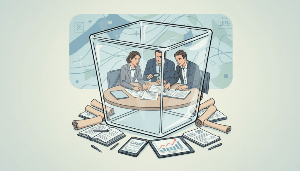 A visually striking illustration of a "bare trust," featuring a large, transparent glass container symbolizing simplicity and clarity. In the foreground, showcase various financial documents and charts neatly arranged around the trust container, representing diligent record-keeping. In the middle ground, include a diverse group of professional individuals (wearing business attire) engaged in discussion, analyzing the documents with focused expressions. The background should feature an abstract representation of tax guidelines, with soft hues of blue and green, creating a calm and authoritative atmosphere. Use soft, diffused lighting to enhance the professionalism, while keeping the angle slightly elevated to provide depth and perspective. The overall mood should convey trust, reliability, and clarity in financial matters without any text or distractions. A visually striking illustration of a "bare trust," featuring a large, transparent glass container symbolizing simplicity and clarity. In the foreground, showcase various financial documents and charts neatly arranged around the trust container, representing diligent record-keeping. In the middle ground, include a diverse group of professional individuals (wearing business attire) engaged in discussion, analyzing the documents with focused expressions. The background should feature an abstract representation of tax guidelines, with soft hues of blue and green, creating a calm and authoritative atmosphere. Use soft, diffused lighting to enhance the professionalism, while keeping the angle slightly elevated to provide depth and perspective. The overall mood should convey trust, reliability, and clarity in financial matters without any text or distractions.