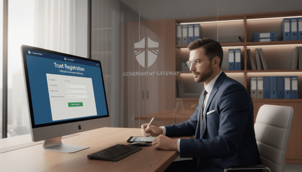 A well-designed office environment depicting the concept of a "Government Gateway" for trust registration. In the foreground, a sleek computer workstation with a modern monitor displaying a secure online form related to trust registration. The middle ground features a confident professional in business attire, focused on completing the online registration, with a look of concentration on their face. The background includes a subtle hint of government-related symbols, such as a flag or emblem, and soft shelves with neatly organized legal documents and folders. The lighting is warm and inviting, creating an atmosphere of professionalism and trustworthiness, captured from a slightly elevated angle to emphasize the workspace setup. A well-designed office environment depicting the concept of a "Government Gateway" for trust registration. In the foreground, a sleek computer workstation with a modern monitor displaying a secure online form related to trust registration. The middle ground features a confident professional in business attire, focused on completing the online registration, with a look of concentration on their face. The background includes a subtle hint of government-related symbols, such as a flag or emblem, and soft shelves with neatly organized legal documents and folders. The lighting is warm and inviting, creating an atmosphere of professionalism and trustworthiness, captured from a slightly elevated angle to emphasize the workspace setup.