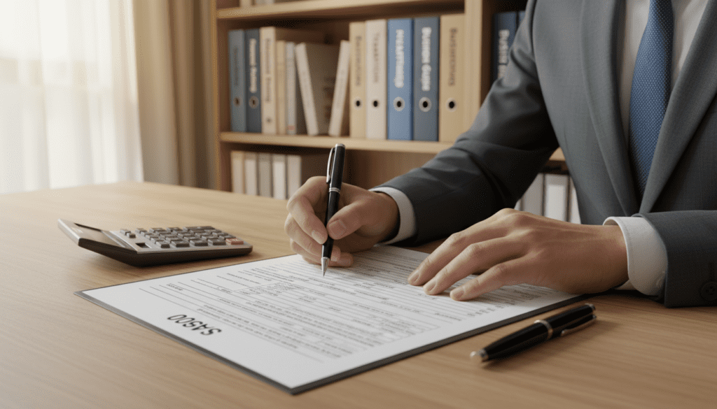 A well-organized desk scene showcasing the SA900 form. In the foreground, a pristine white SA900 form is neatly placed, surrounded by a sleek black pen and a calculator. In the middle layer, a pair of hands in professional business attire gracefully fills out the form, demonstrating careful attention to detail. The background features a blurred out bookshelf filled with financial guides and folders, suggesting a scholarly environment. Soft, diffused natural lighting streams through a nearby window, casting a warm glow on the scene, creating an atmosphere of focus and professionalism. The angle is slightly above eye level, capturing the essence of careful documentation in a serene workspace.