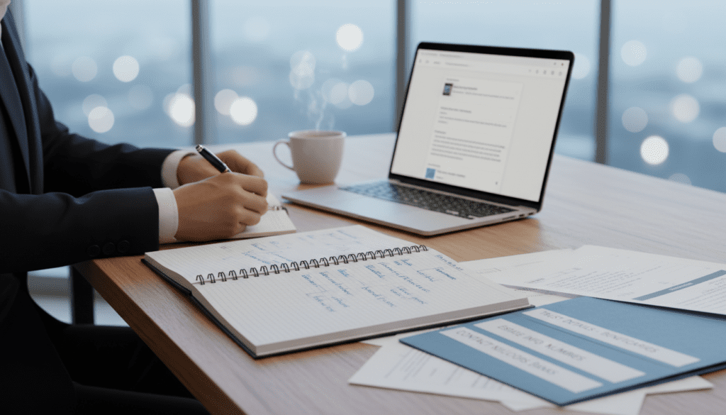 A well-organized desk set against a soft-lit background, showcasing an open notebook with neatly arranged notes regarding HMRC and trust information. In the foreground, a person in professional business attire is thoughtfully writing with a pen, surrounded by documents labeled "Trust Details," "Estate Info," and "Contact Numbers." The middle layer includes a computer with a visible email draft to HMRC and a cup of coffee, creating a sense of preparation and focus. The background features light blue hues invoking calmness, with soft bokeh effects to keep the focus on the subjects. The atmosphere conveys a sense of professionalism, readiness, and clarity. A well-organized desk set against a soft-lit background, showcasing an open notebook with neatly arranged notes regarding HMRC and trust information. In the foreground, a person in professional business attire is thoughtfully writing with a pen, surrounded by documents labeled "Trust Details," "Estate Info," and "Contact Numbers." The middle layer includes a computer with a visible email draft to HMRC and a cup of coffee, creating a sense of preparation and focus. The background features light blue hues invoking calmness, with soft bokeh effects to keep the focus on the subjects. The atmosphere conveys a sense of professionalism, readiness, and clarity.