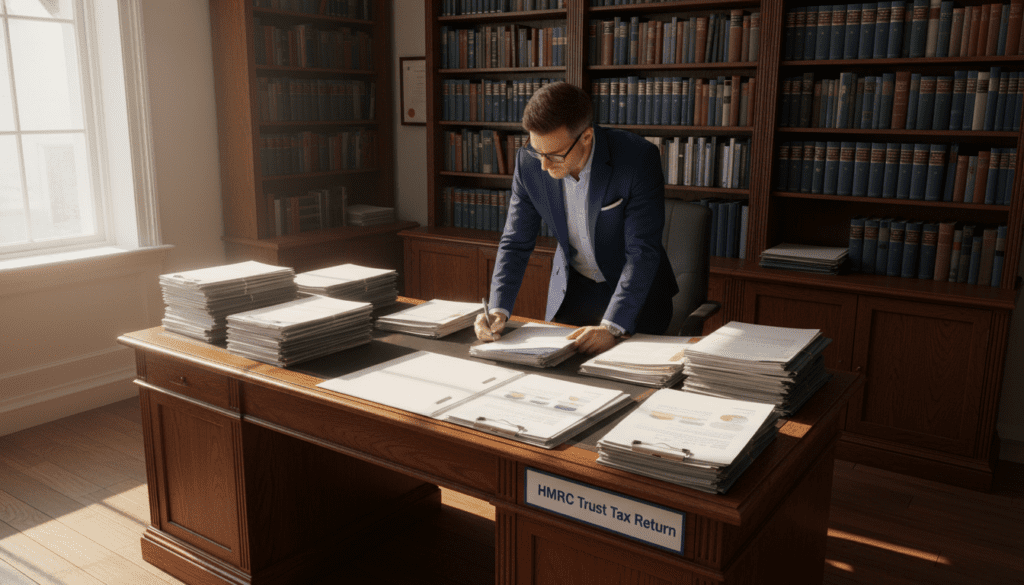 A well-organized office environment featuring a large wooden desk filled with neatly stacked paperwork related to trust tax returns. In the foreground, a crisp, white file folder labeled “HMRC Trust Tax Return” sits prominently, partially open to reveal organized documents. In the middle, soft sunlight filters through a large window, casting warm, inviting shadows across the room and highlighting a professional individual dressed in business attire, deeply focused as they review the paperwork. In the background, shelves are lined with books on finance and tax law, adding an academic touch to the scene. The overall atmosphere is one of diligence and professionalism, emphasizing the importance of timely and accurate tax filings for trusts.
