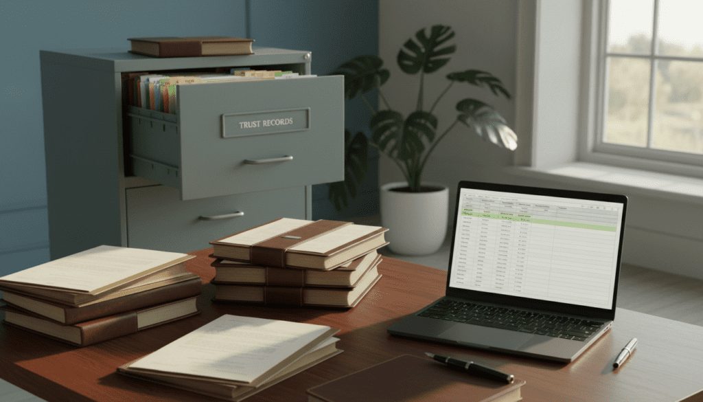 A well-organized office scene depicting a "trust register" as the central focus. In the foreground, a wooden desk holds neatly stacked trust documents, a sleek black pen, and an open laptop displaying a spreadsheet of trust details. The middle ground features a modern filing cabinet labeled 'Trust Records', partially open to reveal neatly arranged folders. In the background, soft natural light filters through a large window, casting gentle shadows. A potted plant adds a touch of freshness, enhancing the atmosphere of professionalism and diligence. The overall mood is serious yet approachable, conveying the importance of accurate record-keeping in trust management. No text or branding elements present.