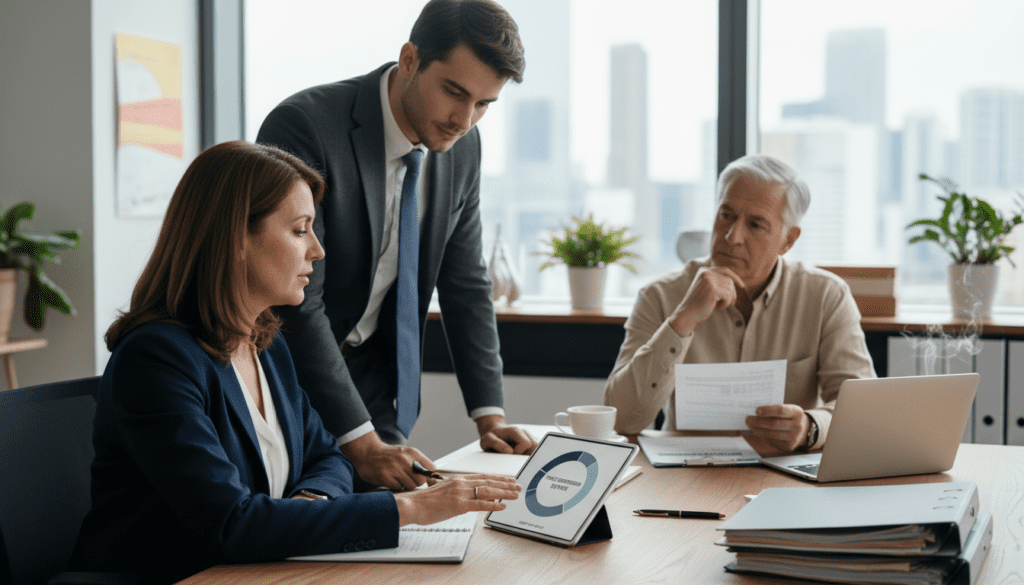A well-organized office scene featuring a diverse group of three professionals discussing important documents related to the Trust Registration Service. In the foreground, a confident middle-aged woman in a crisp blazer is pointing at a detailed chart on a tablet, while a young man in a tailored suit notes down key points. In the middle ground, a serious-looking older man in business casual attire reviews legal paperwork on a desk cluttered with files, a laptop, and a cup of coffee. The background shows a modern office window with soft natural light streaming in, creating a bright and focused atmosphere. The overall mood is one of collaboration and seriousness, emphasizing the importance of understanding trust registration.