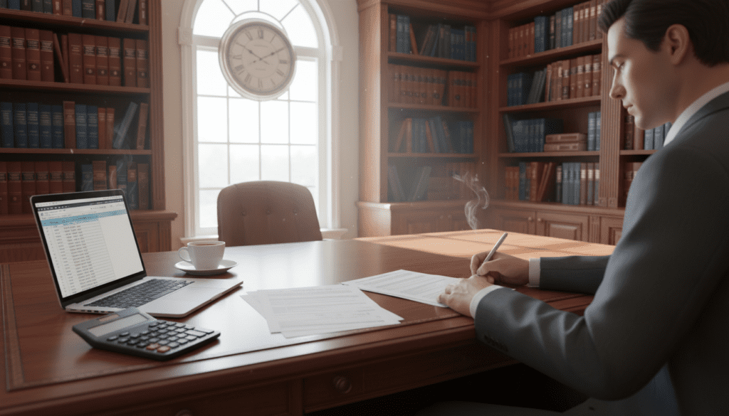 A well-organized office setting featuring a large wooden desk with documents related to estate registration and tax forms spread across it. In the foreground, a professional wearing business attire is focused on filling out forms, with a calculator and a laptop open beside them. In the middle ground, shelves lined with books about tax law and estate planning provide context. The background features a wall-mounted clock and a window allowing natural light to flood the room, creating a warm and inviting atmosphere. The lighting is soft and diffused, emphasizing a sense of professionalism and attentiveness. The overall mood is one of diligence and preparation, suggesting the seriousness of registering an estate. A well-organized office setting featuring a large wooden desk with documents related to estate registration and tax forms spread across it. In the foreground, a professional wearing business attire is focused on filling out forms, with a calculator and a laptop open beside them. In the middle ground, shelves lined with books about tax law and estate planning provide context. The background features a wall-mounted clock and a window allowing natural light to flood the room, creating a warm and inviting atmosphere. The lighting is soft and diffused, emphasizing a sense of professionalism and attentiveness. The overall mood is one of diligence and preparation, suggesting the seriousness of registering an estate.
