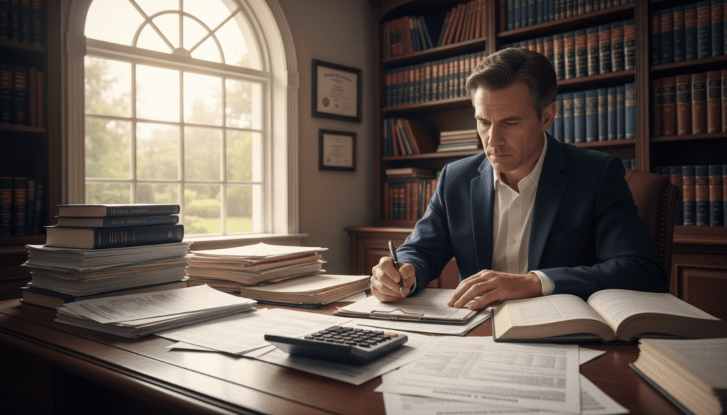 A well-organized office space focused on financial documentation for trustees, featuring a desk cluttered with neatly stacked papers, tax forms, and a calculator with numbers displayed prominently. In the foreground, a professional person in business attire is reviewing financial statements, with a thoughtful expression that conveys the importance of accuracy. The middle ground features a large window letting in soft, natural light, illuminating the workspace and creating a calm atmosphere. The background includes shelves lined with legal books and reference materials related to tax and trust management. The overall mood is serious and focused, capturing the essence of preparing for the end of the tax year. The scene is perfectly framed, ensuring clarity and emphasis on the subject matter without any text or distractions.