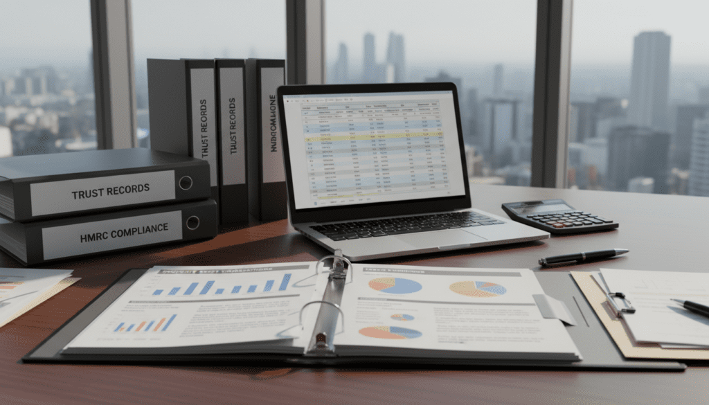 A well-organized office workspace featuring neatly stacked property asset records, including folders, papers, and binders, arranged on a polished wooden desk. In the foreground, a close-up of a binder open to display charts, graphs, and detailed documents related to asset transactions. The middle ground showcases a laptop with a spreadsheet visible, surrounded by a calculator and pens. The background reveals a large window allowing soft, natural light to illuminate the scene, casting gentle shadows. The mood is professional and organized, emphasizing clarity and compliance. The setting conveys an atmosphere of diligence and responsibility in trust record-keeping, suitable for adherence to HMRC regulations. No human figures are present in this workspace.