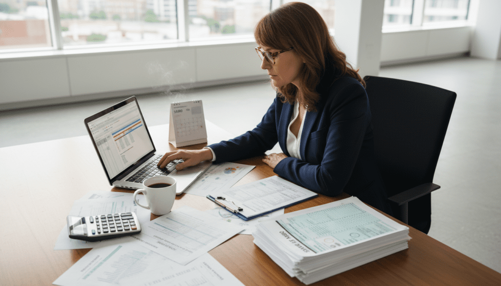 A well-organized, professional workspace centered around income reporting. In the foreground, a wooden desk is cluttered with financial documents, including reports on income, gains, and allowable deductions. A calculator, a laptop displaying spreadsheets, and a cup of coffee highlight an atmosphere of productivity. In the middle ground, a focused individual in business attire—a middle-aged woman with glasses—analyzes data on the screen, while a stack of tax forms, prominently featuring the SA900, is visible. The background showcases a bright, airy office with large windows allowing natural light to illuminate the scene, creating a clear and focused mood. The camera angle captures a slight overhead view, emphasizing the workspace's organized chaos, conveying a sense of diligence and professionalism in financial reporting.