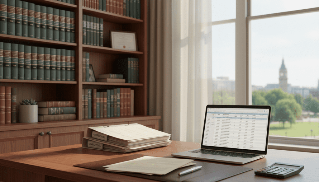 A well-organized workspace depicting a professional environment focused on trust registration with HMRC. In the foreground, a polished wooden desk featuring a laptop open to a spreadsheet, alongside neatly stacked documents detailing personal and trust information. A modern, stylish pen lies next to a calculator. In the middle, a bookshelf filled with legal and financial books, symbolizing the necessary knowledge. The background showcases a large window allowing soft, natural daylight to fill the room, creating a warm and inviting atmosphere. The image has a professional yet approachable mood. Use a soft focus for depth, capturing the essence of preparation and clarity in the context of trust registration. A well-organized workspace depicting a professional environment focused on trust registration with HMRC. In the foreground, a polished wooden desk featuring a laptop open to a spreadsheet, alongside neatly stacked documents detailing personal and trust information. A modern, stylish pen lies next to a calculator. In the middle, a bookshelf filled with legal and financial books, symbolizing the necessary knowledge. The background showcases a large window allowing soft, natural daylight to fill the room, creating a warm and inviting atmosphere. The image has a professional yet approachable mood. Use a soft focus for depth, capturing the essence of preparation and clarity in the context of trust registration.