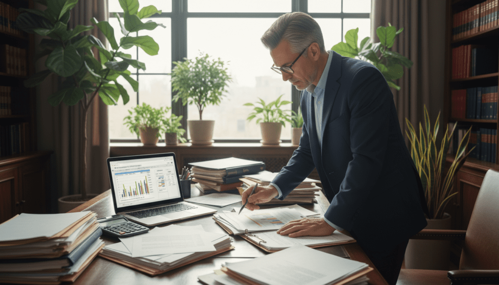 An elegant office workspace with a large wooden desk cluttered with financial documents, a calculator, and a laptop displaying charts of trust income calculations. In the foreground, a professional-looking middle-aged man wearing a suit diligently examines the paperwork. In the middle background, a large window allows soft, natural light to pour in, illuminating the space and casting gentle shadows on the documents. Potted plants and bookshelves filled with legal texts can be seen in the background, suggesting a professional atmosphere. The overall mood conveys focus and precision, capturing the essence of trustees calculating taxable trust income and handling deductions in a serene yet productive environment.