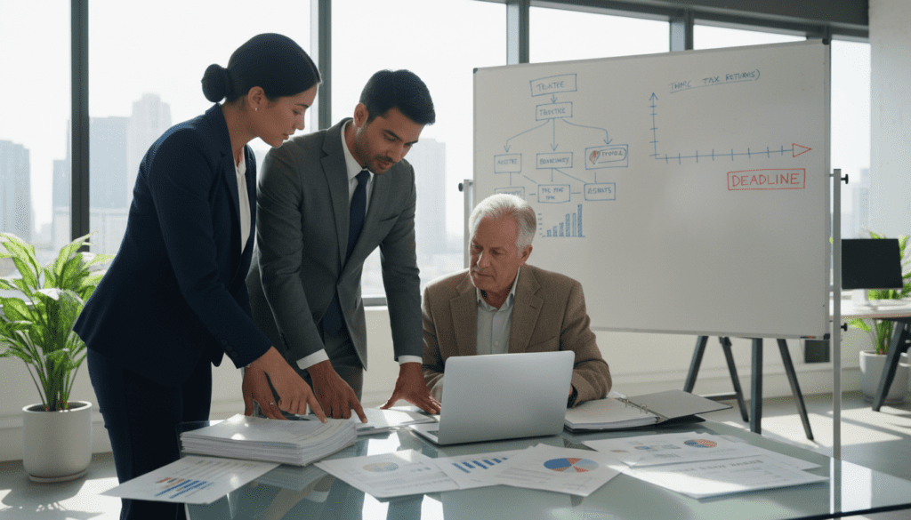 An office setting where a diverse group of three professionals – a woman in smart business attire, a man in a tailored suit, and an older gentleman in a smart-casual outfit – collaborate on paperwork related to TRS registration for HMRC Trust Tax Returns. In the foreground, they are gathered around a sleek glass table cluttered with documents, a laptop open with charts visible. In the middle ground, a large whiteboard showcases diagrams and flowcharts illustrating the registration process. The background features a modern office environment with large windows letting in natural light, creating a bright and focused atmosphere. The mood is collaborative and productive, highlighting the importance of registration and organization in tax filing.