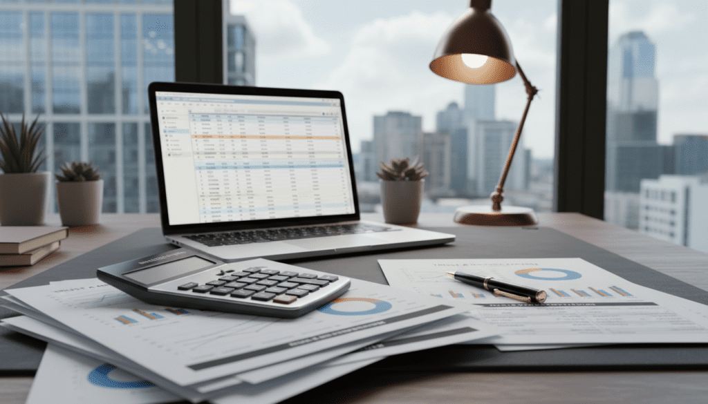 An organized office desk scene showcasing trust income details. In the foreground, a neatly arranged stack of financial documents and reports displaying graphs and figures of income and gains. A calculator and a pen rest atop the documents, emphasizing the analysis aspect. In the middle ground, a laptop is open, displaying a spreadsheet application filled with numbers and calculations relevant to trust income, illuminated by soft, warm desk lighting. In the background, a window reveals a city skyline, capturing a professional atmosphere. The overall mood is focused and studious, highlighting the importance of financial management and reporting within trusts. The lighting is bright yet inviting, creating a sense of clarity and professionalism. An organized office desk scene showcasing trust income details. In the foreground, a neatly arranged stack of financial documents and reports displaying graphs and figures of income and gains. A calculator and a pen rest atop the documents, emphasizing the analysis aspect. In the middle ground, a laptop is open, displaying a spreadsheet application filled with numbers and calculations relevant to trust income, illuminated by soft, warm desk lighting. In the background, a window reveals a city skyline, capturing a professional atmosphere. The overall mood is focused and studious, highlighting the importance of financial management and reporting within trusts. The lighting is bright yet inviting, creating a sense of clarity and professionalism.