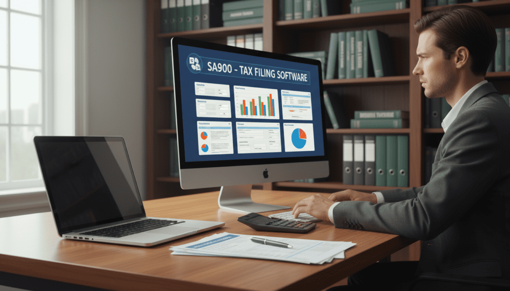 An organized workspace featuring a computer displaying the SA900 filing software interface, with vibrant charts and forms visible on the screen. In the foreground, an open laptop sits on a wooden desk, illuminated by soft, natural light streaming through a nearby window. A document with tax-related paperwork lies neatly beside it. In the middle ground, a person in professional business attire is focused on entering information into the software, their expression one of concentration and determination. Behind them, a bookshelf filled with accounting books and folders conveys a sense of organization and professionalism. The overall atmosphere is calm and dedicated, emphasizing the importance of tax filing tasks. The scene is captured with a slight depth of field, giving a soft blur to the background while keeping the foreground sharp and clear.