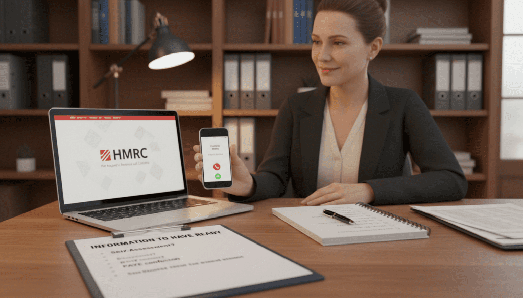 An organized workspace featuring a neat desk setup, where a professional, middle-aged woman in modest business attire is preparing to contact HMRC. In the foreground, there’s a clipboard with a checklist titled “Information to Have Ready,” alongside a laptop displaying a website related to HMRC. In the middle, a smartphone with visible call settings and a notepad filled with notes on tax questions. The background shows a softly lit office with a bookshelf filled with financial books and paperwork, lending a sense of professionalism. Use warm lighting to create a welcoming atmosphere, focusing on a slight depth of field to emphasize the foreground objects while gently blurring the background, enhancing clarity and focus.